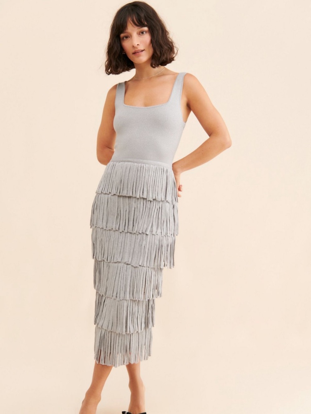 Endless Rose Edgar Fringe Midi Dress Silver  Metallic Knit Medium